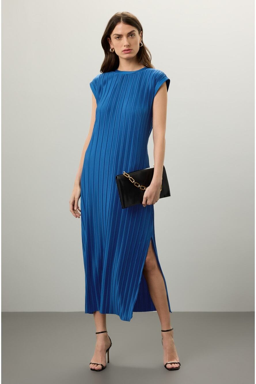 ATLEIN X RTR Navy Blue Plisse Tie Neck Sleeveless Side Slit Midi Dress Size M